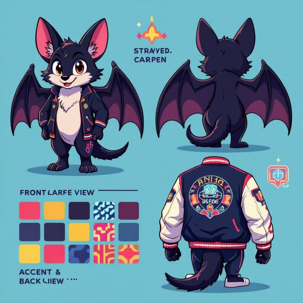 Bat Fursona Reference Sheet in Arcade Carpet Style