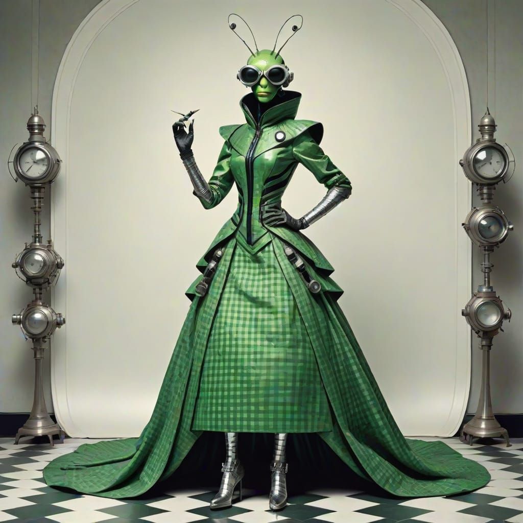 Glamorous Mantis in Gingham Edwardian Attire