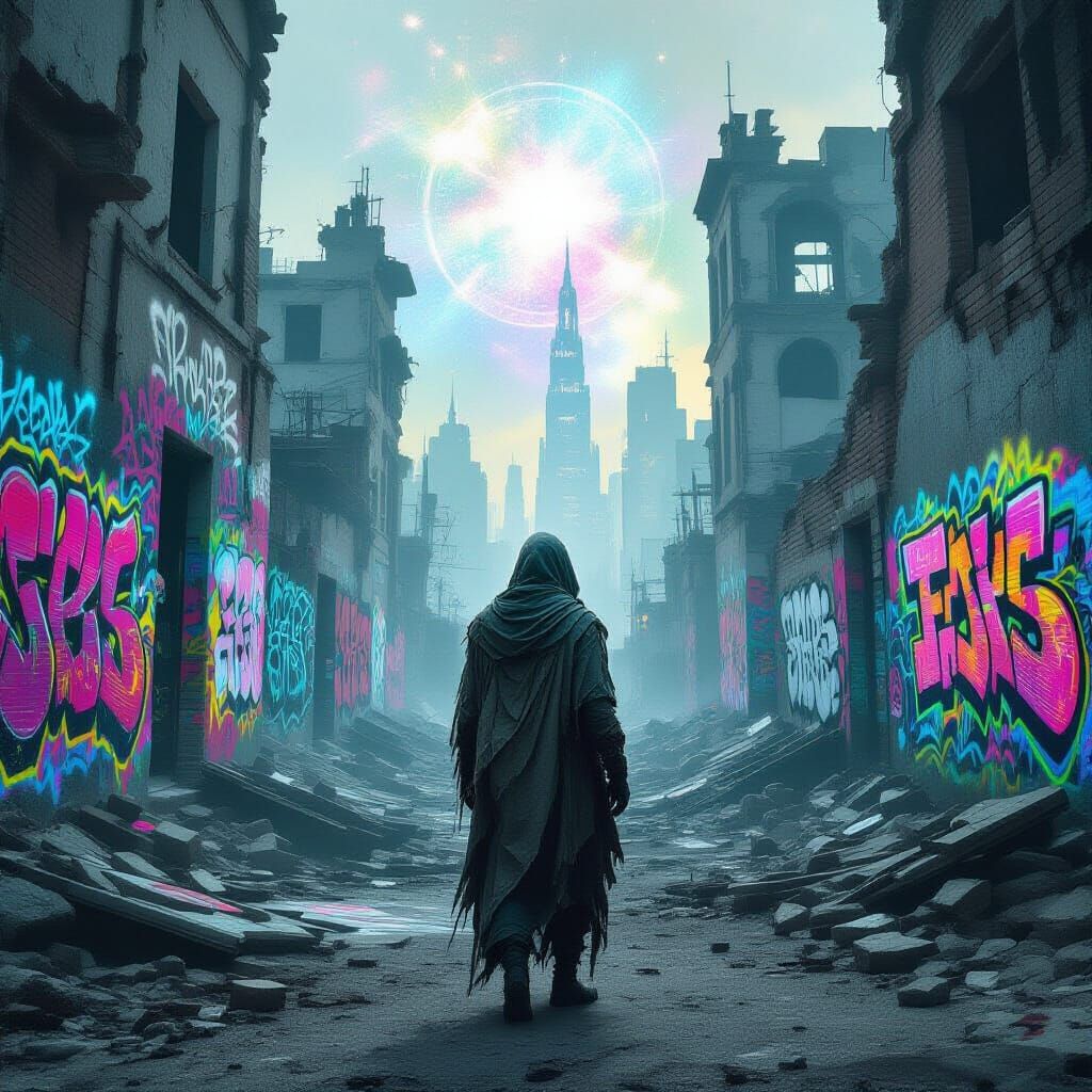 Post-Apocalyptic Survivor in Ruined City with Cosmic Glow