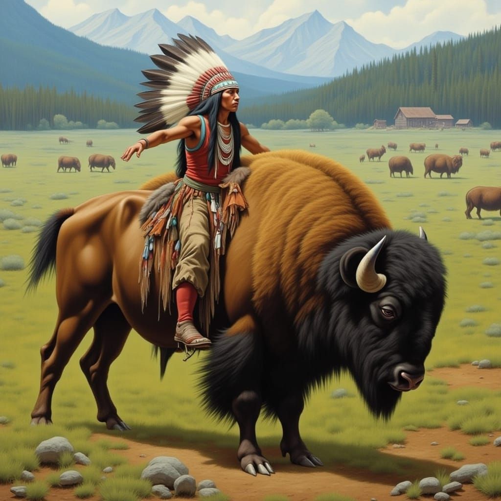 Native American Hunter Pursues Bison