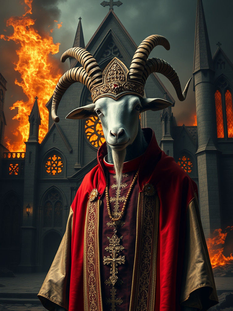 Goat Priest in Burning Church, Dark Surrealism