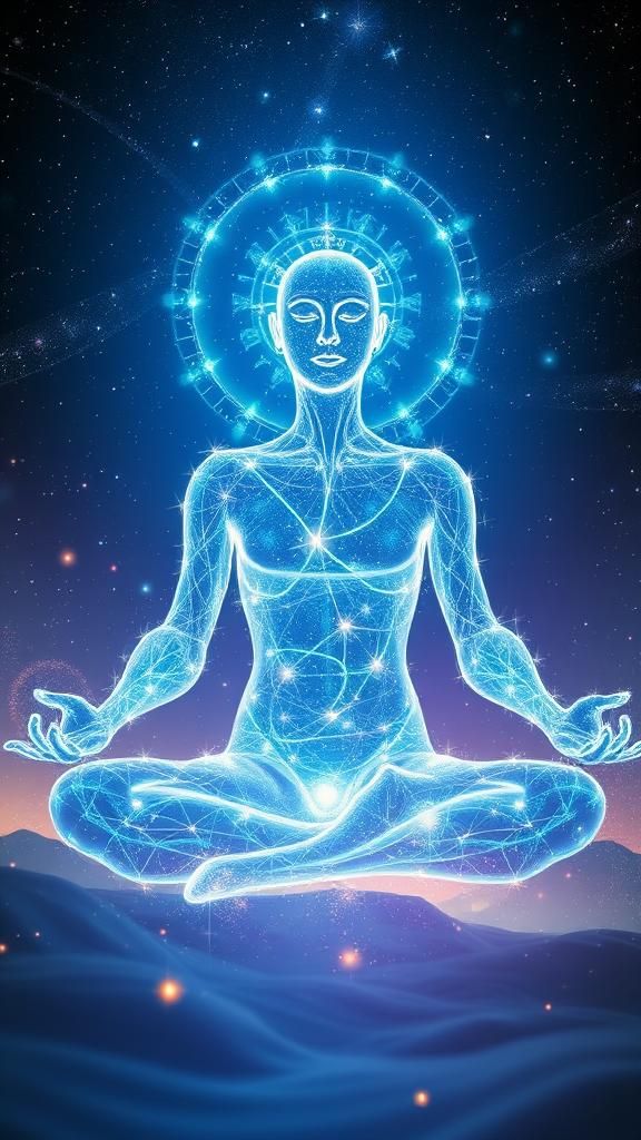 Ethereal Light Being Meditating in Rainbow Universe