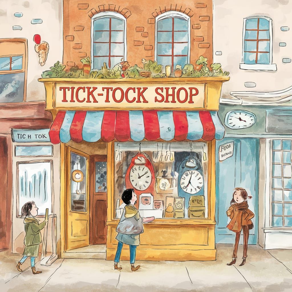 Charming Clock Shop Storybook Illustration
