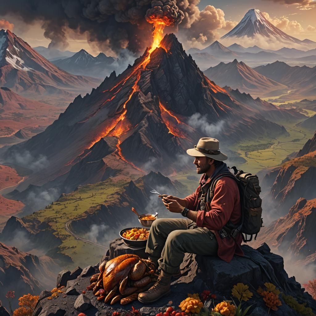 Man Eats Turkey on Volcano: Fantasy Art