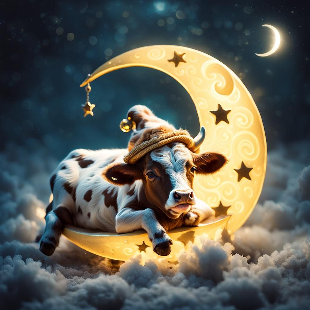 Baby Cow on Crescent Moon in Magical Realism Style