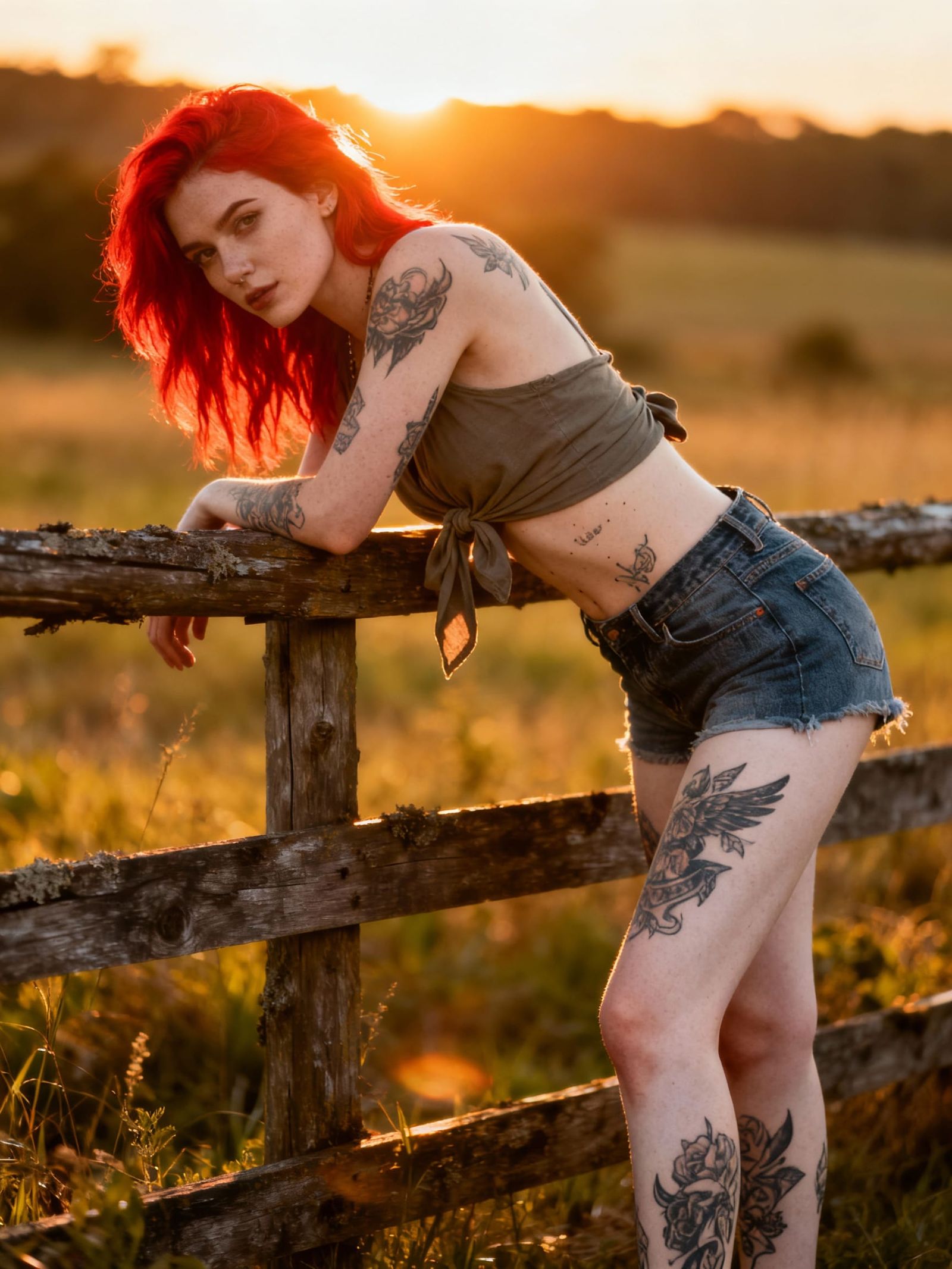 Beautiful Red-Haired Woman by Rustic Fence at Golden Hour