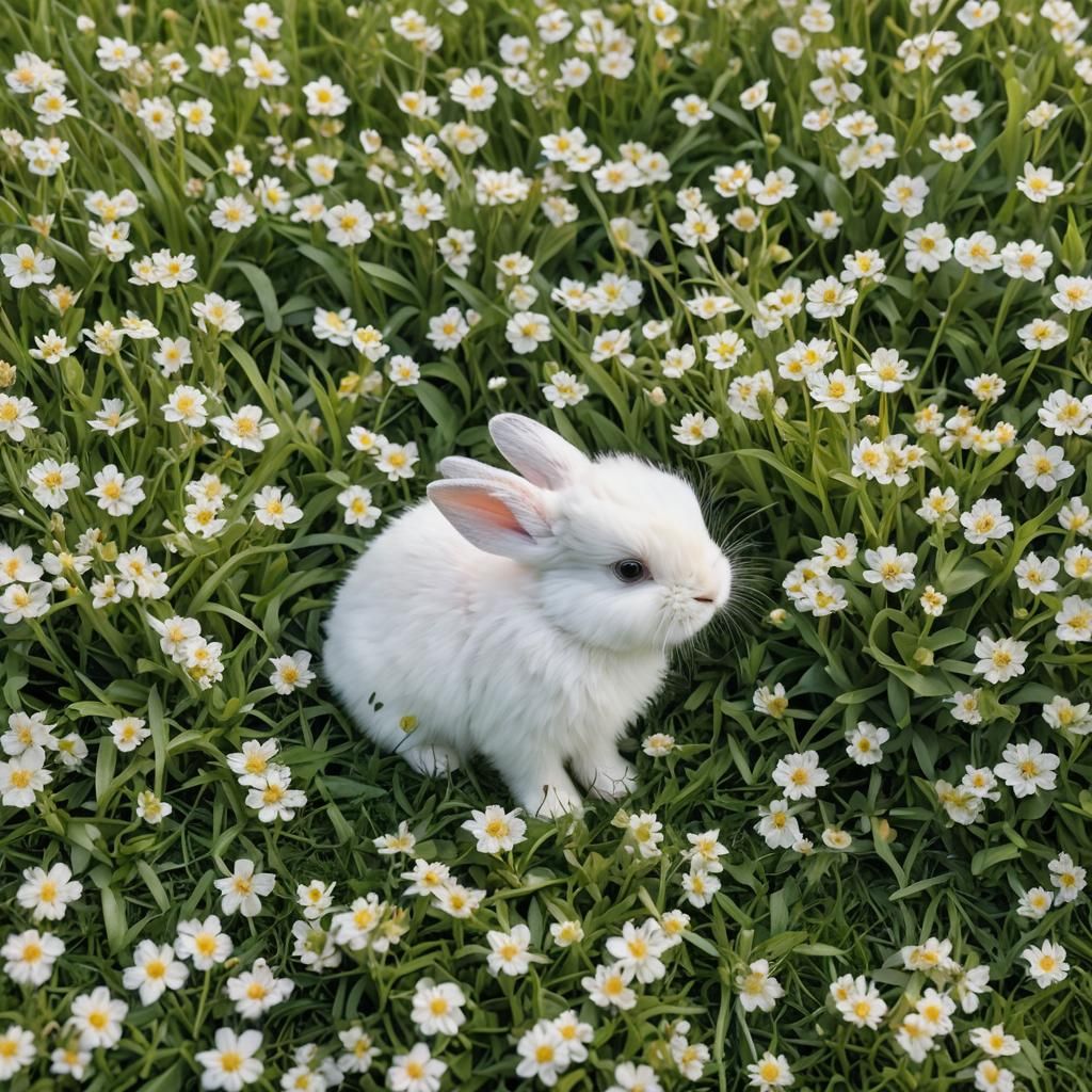 Cute White Bunny on Green Lawn