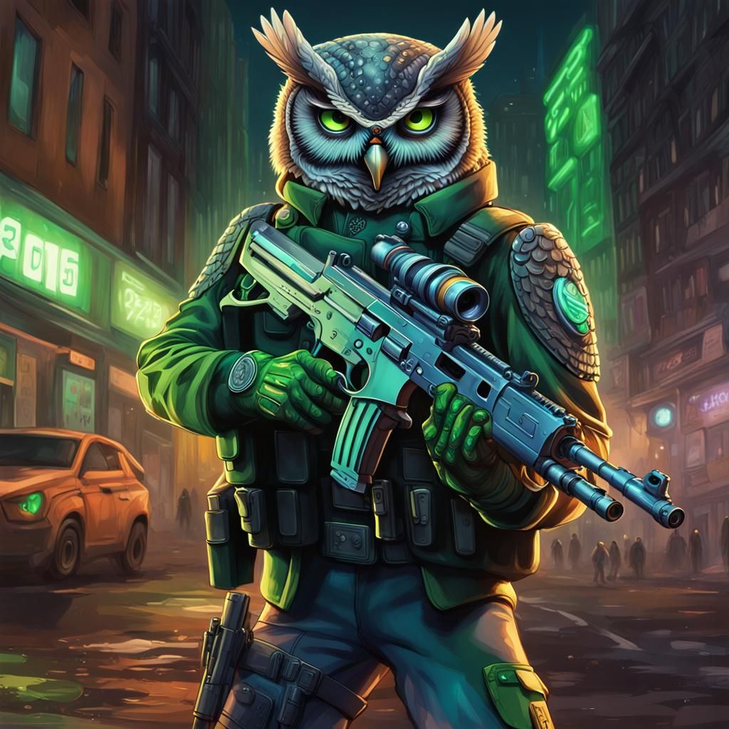 Cyber Owl Soldier Shooting Blasters at Night