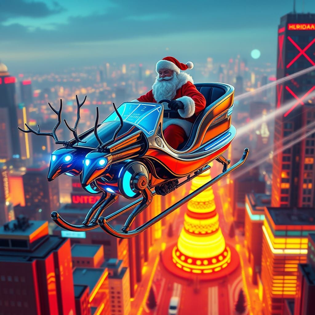 Santa Claus Pilots Futuristic Chrome Sleigh with Robotic Rei...
