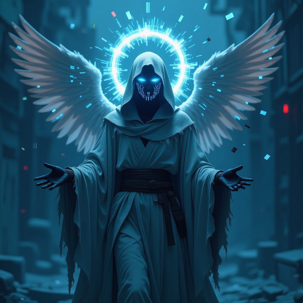 Corrupted Angel in Glitchpunk Cyberpunk Style