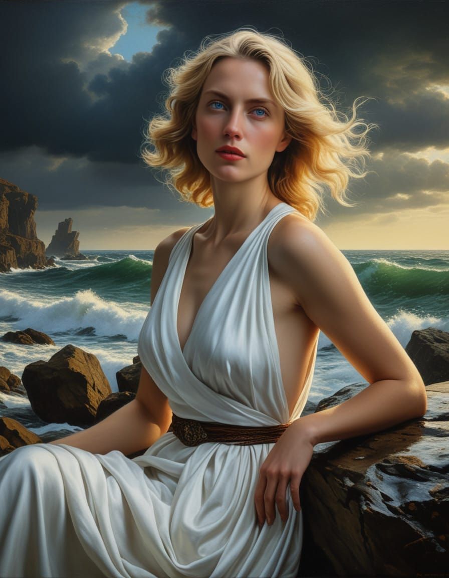 Serenely Lounging Woman in Medieval-Inspired Beach Scene