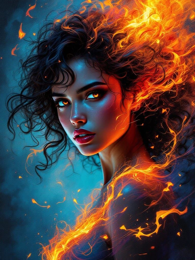 Fiery Portrait of a Young Woman in Digital Art Style