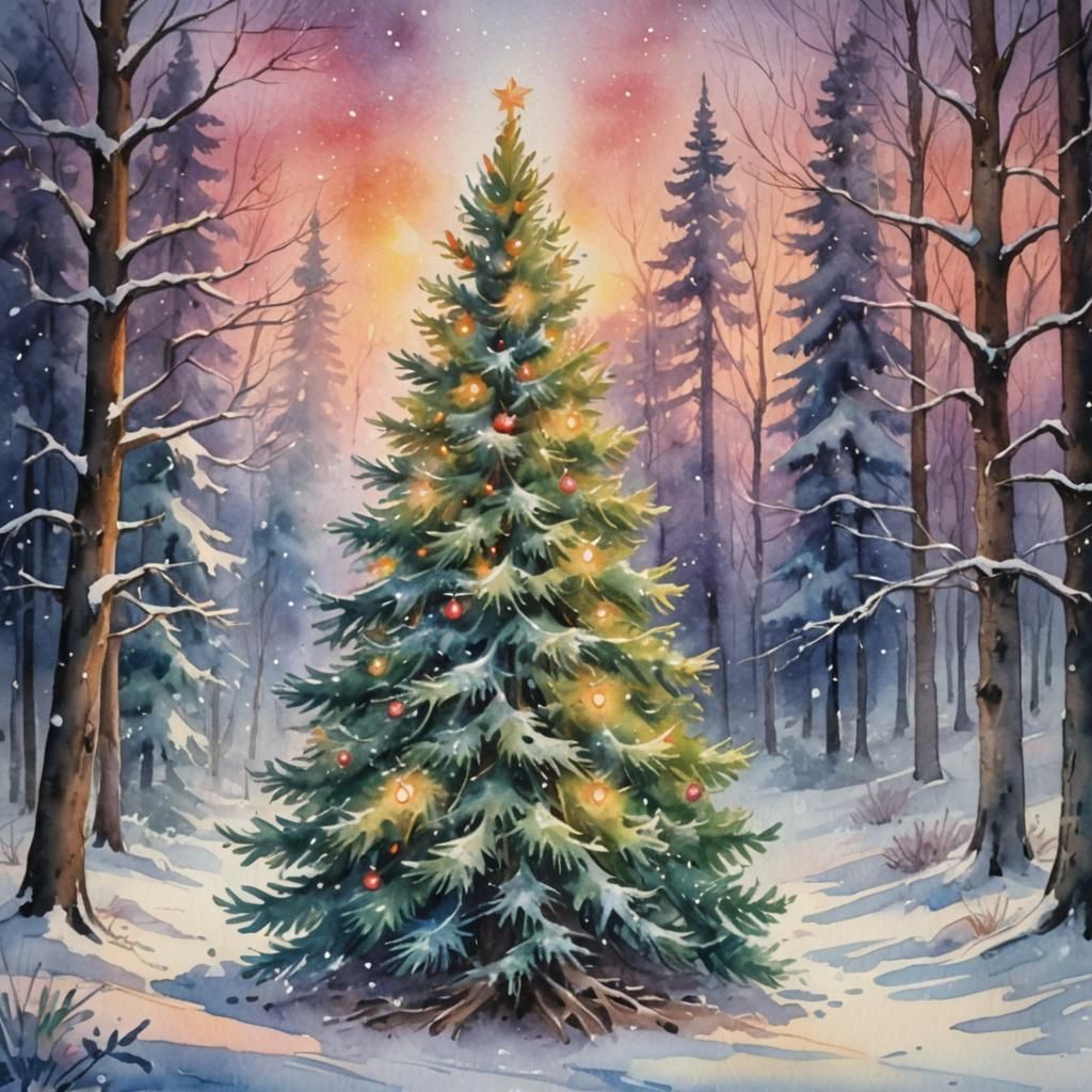 Vibrant Watercolor Christmas Tree in Whimsical Snowy Forest...