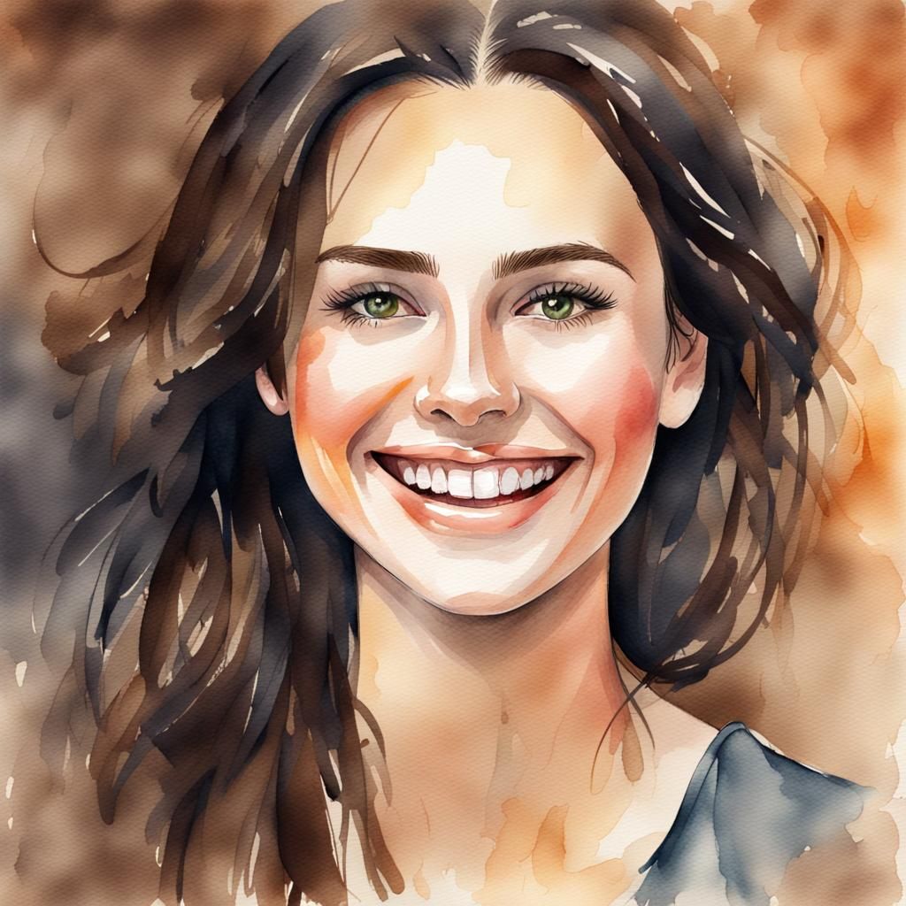 Watercolor Portrait of Beautiful Smiling Woman
