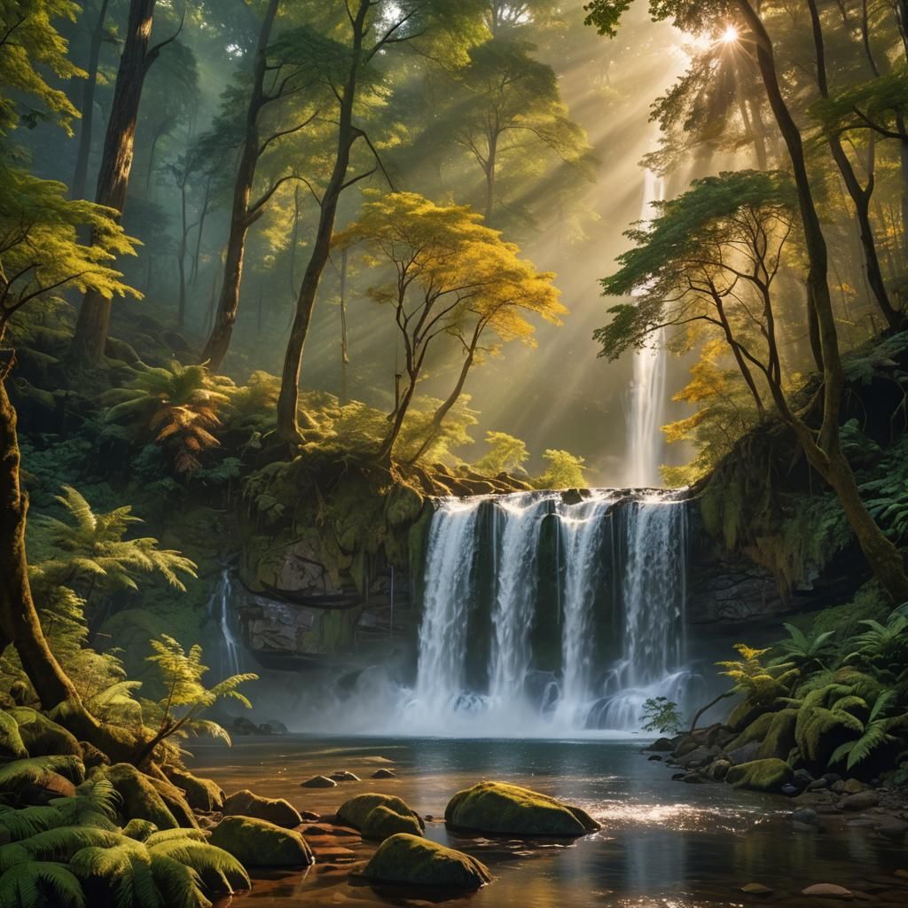 Majestic Waterfall in Lush Forest: Digital Art