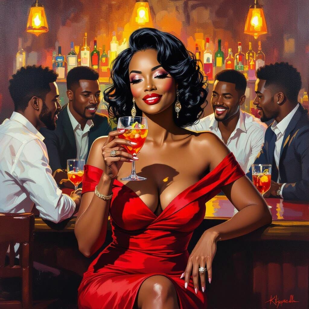 Elegant Woman at Bar Flirting, Ernie Barnes Style