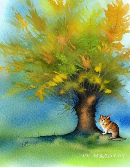 Watercolor style, cat and tree