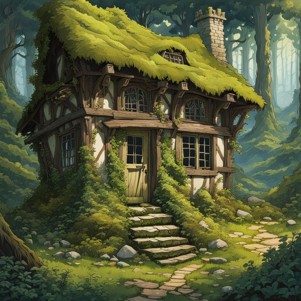 Fairytale Cottage in Forest, Arthur Rackham Style
