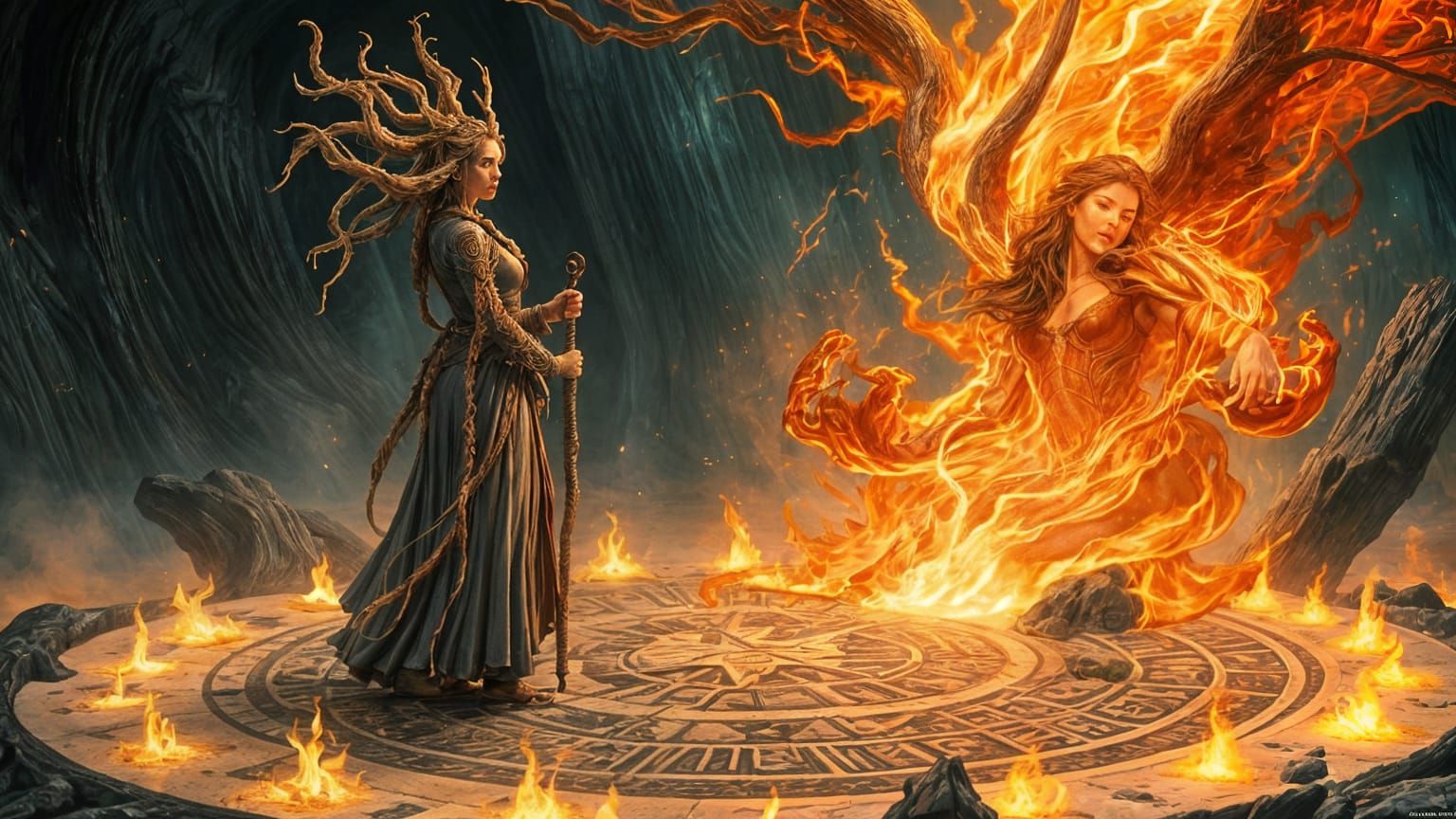 Female Wizard Summoning Fire Elemental Spirit