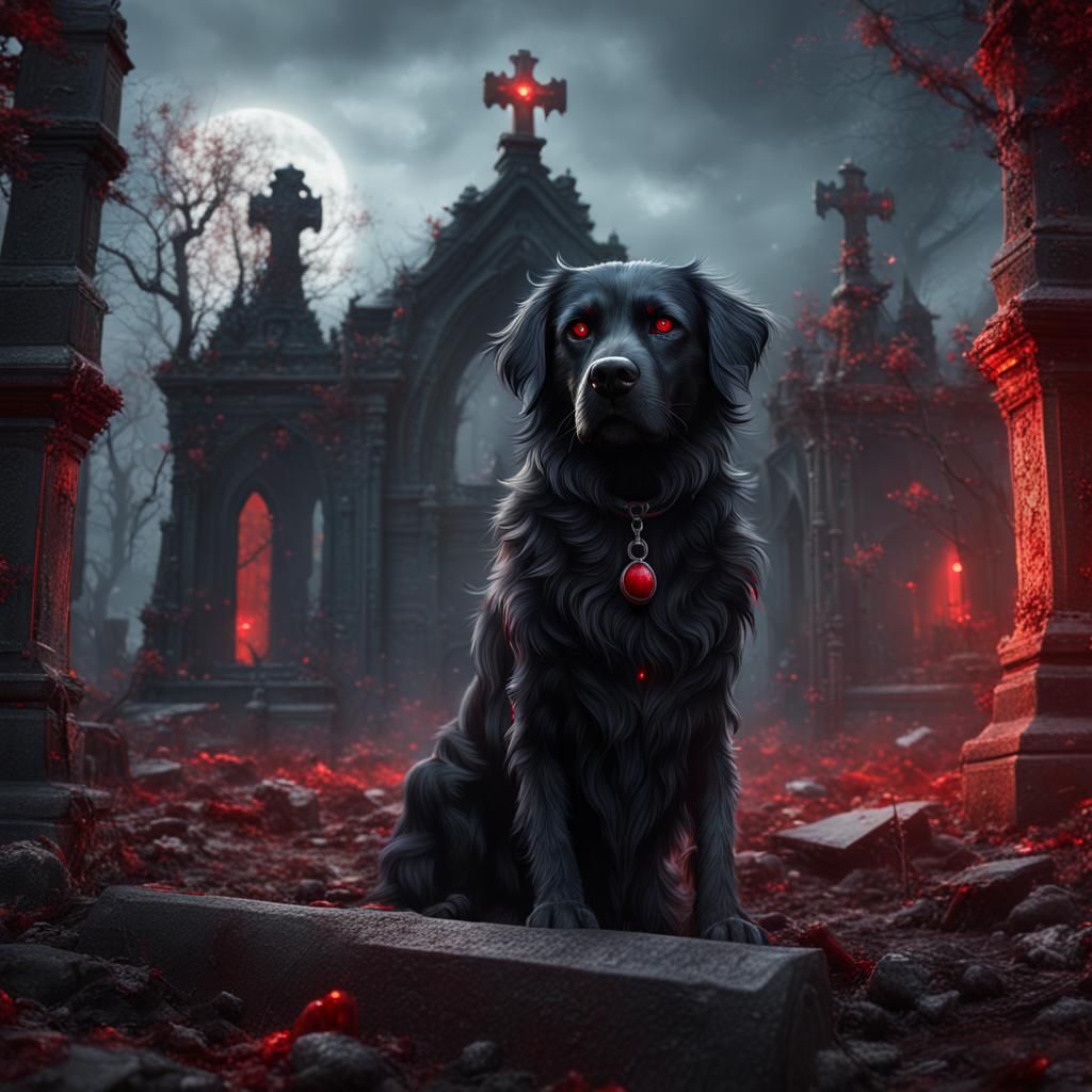 Black Dog with Red Eyes in Graveyard
