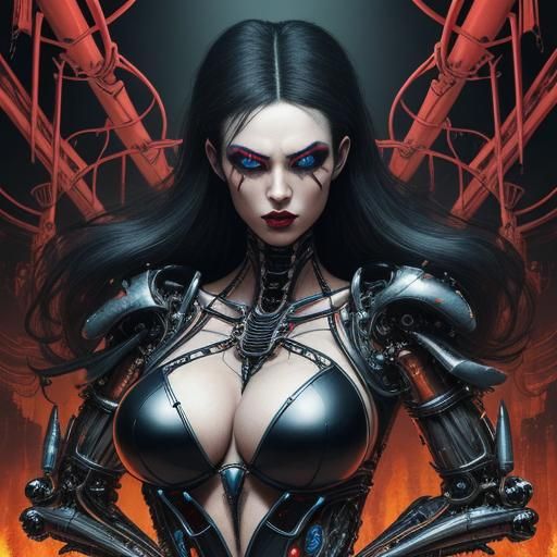 Vanpirella, Draculina, sling hot bikinis.Crisis Postcayberpunk. Giger, Julian Totino Tedesco, Lucio Parrillo style art. ...