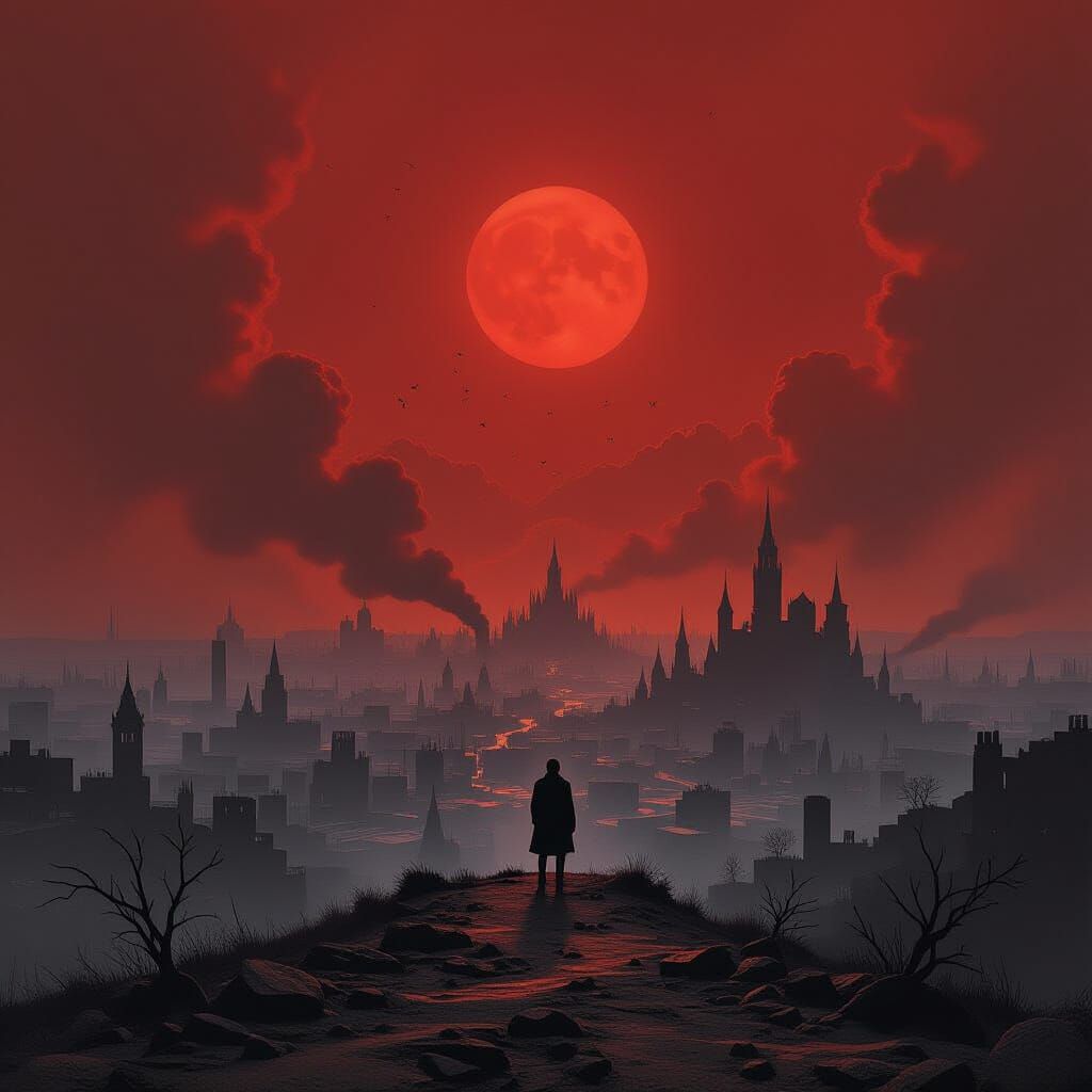 Apocalyptic Landscape with Solitary Figure Under Blood Sky