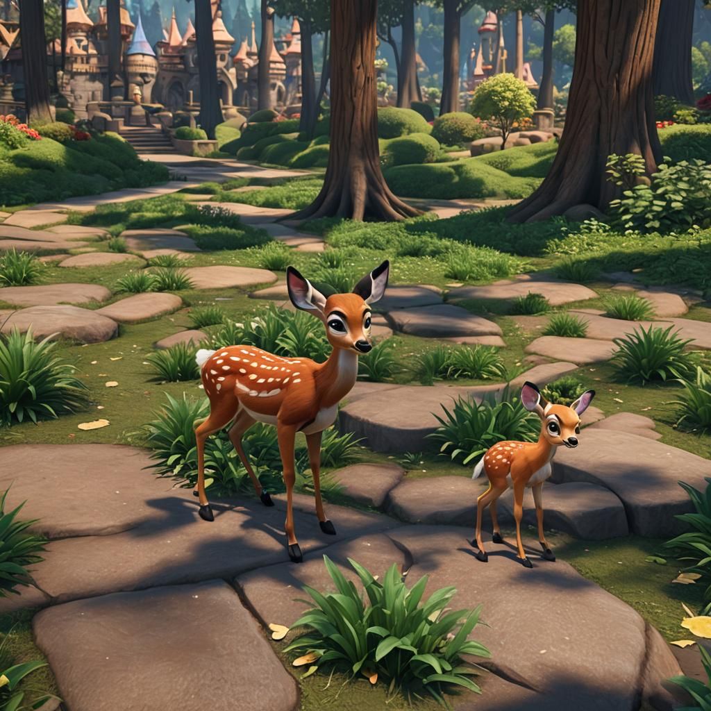Bambi Visits Disneyland: 3D Rendered Scene