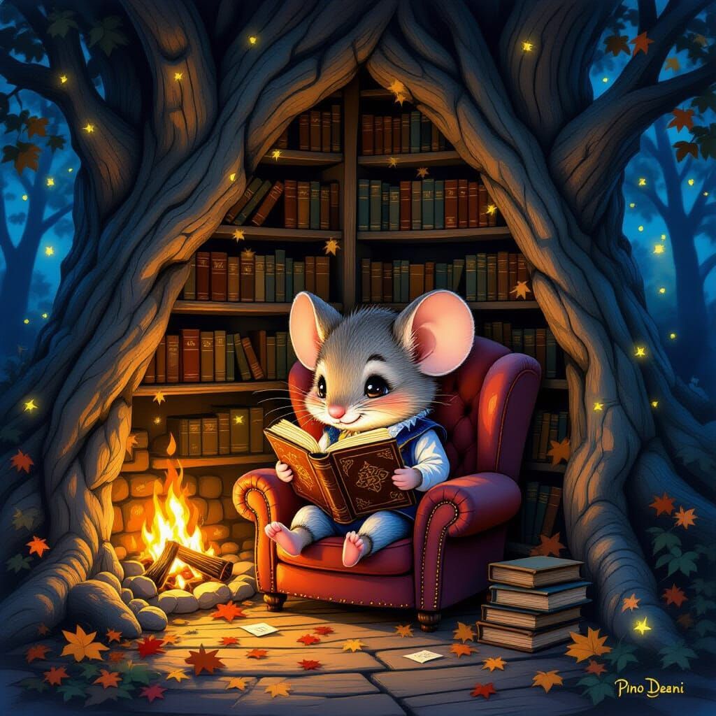 Chibi Mouse Reading in Cozy Tree Nook