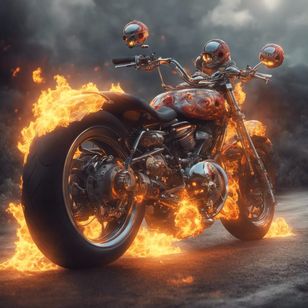 Teletubbies Ride a Flaming Motorcycle: Hyperrealistic Render