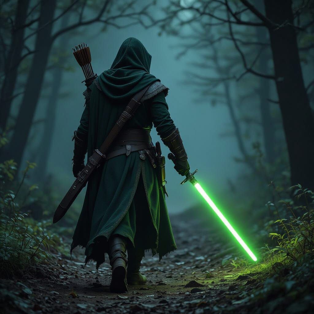 Fantasy Ranger with Green Lightsaber on Forest Path