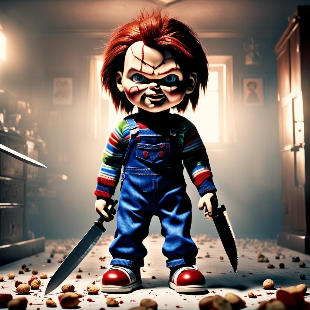 Hyperrealistic Chucky as Pixar Character with Knife