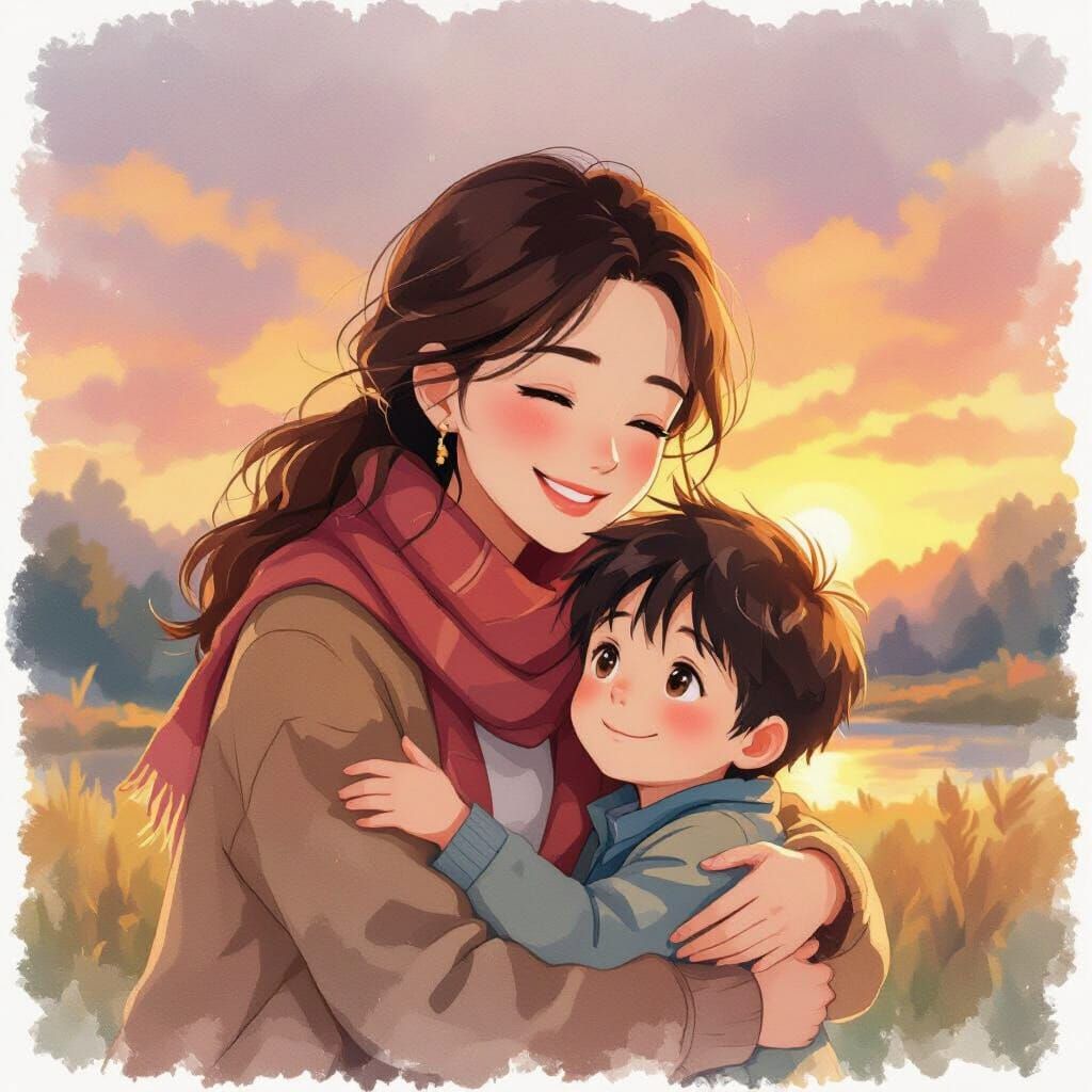 Loving Mother and Son Embrace, Watercolor Style