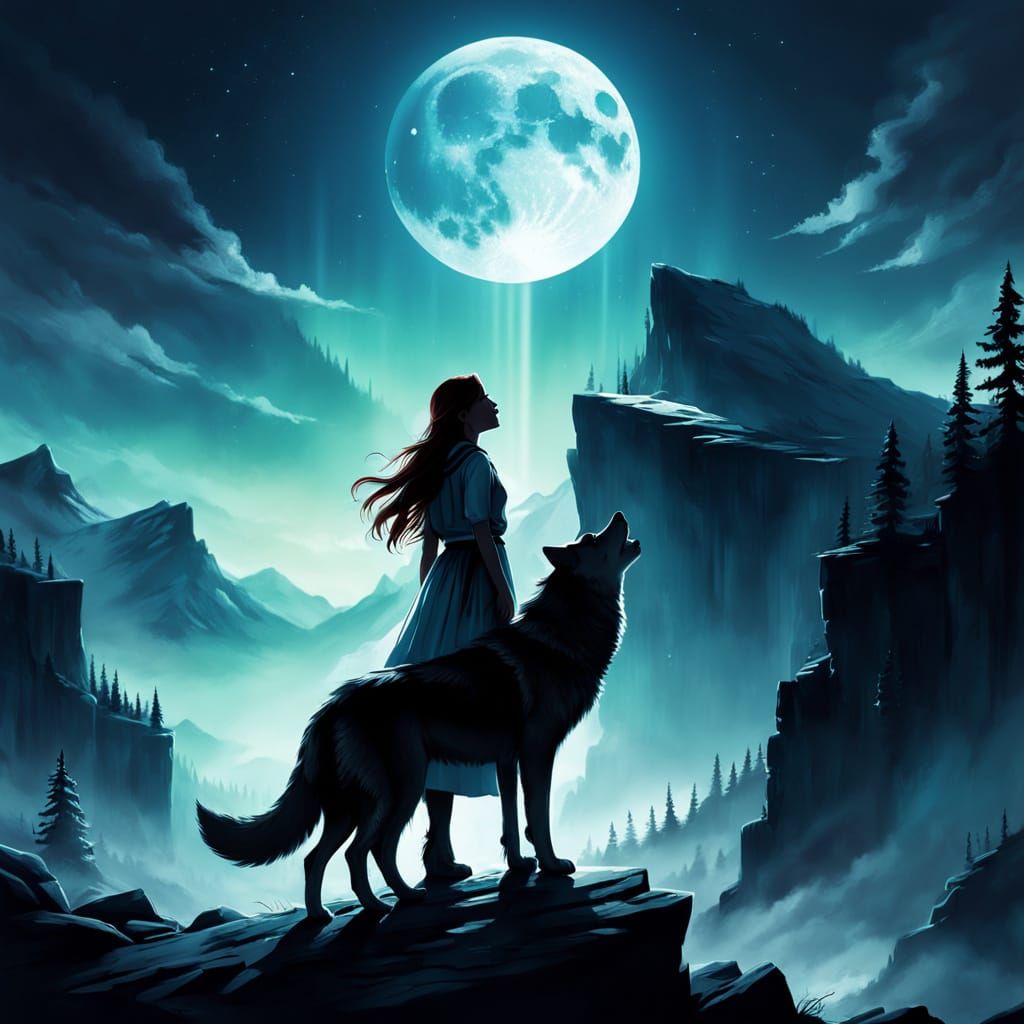 Woman and Wolf Mesmerized by Moon in Silhouette
