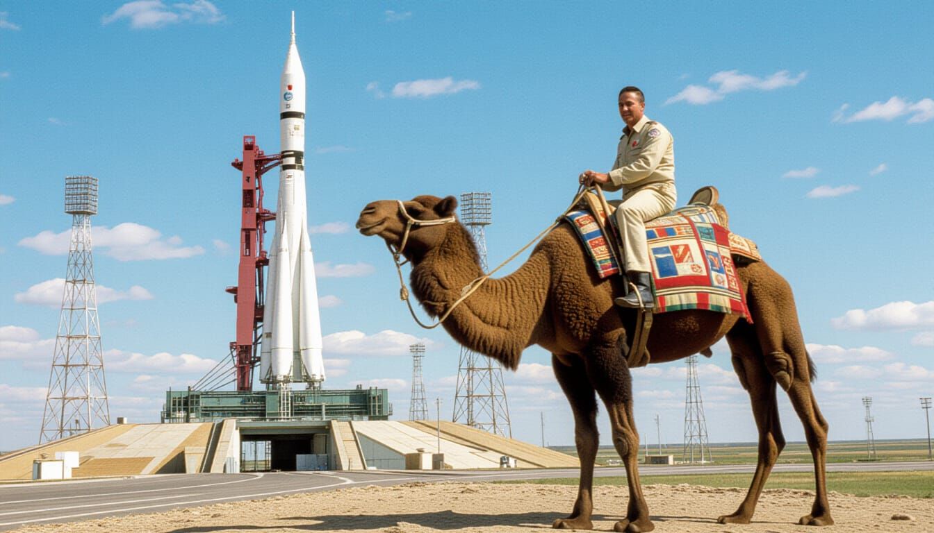 Camel Rider and Soyuz Rocket at Baikonur, 1980s