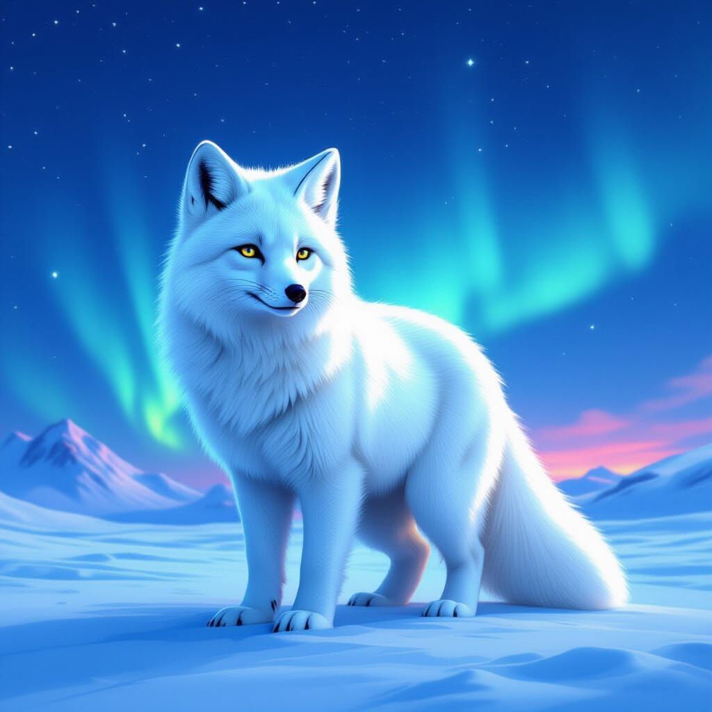 Arctic Fox Polar Bear Hybrid Under Aurora Borealis