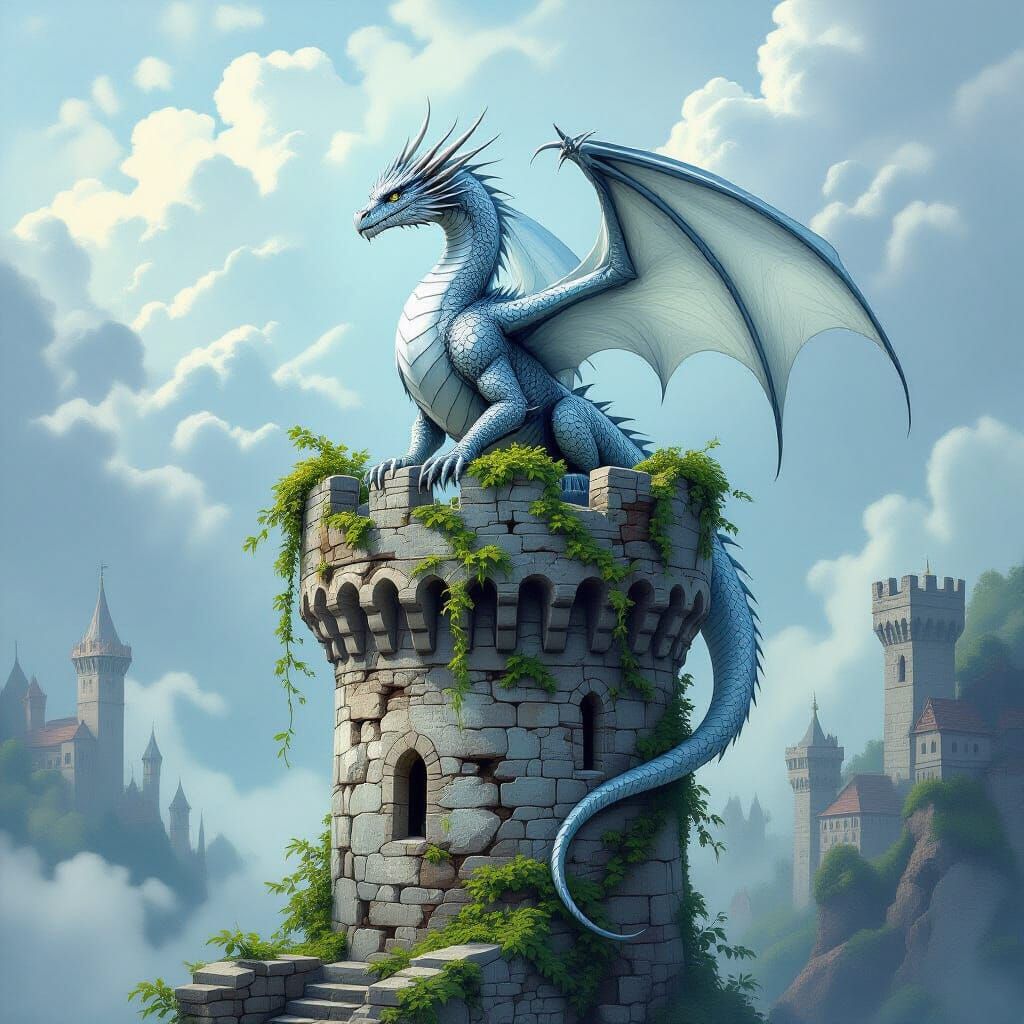 Silver Dragon Perched on Ancient Tower