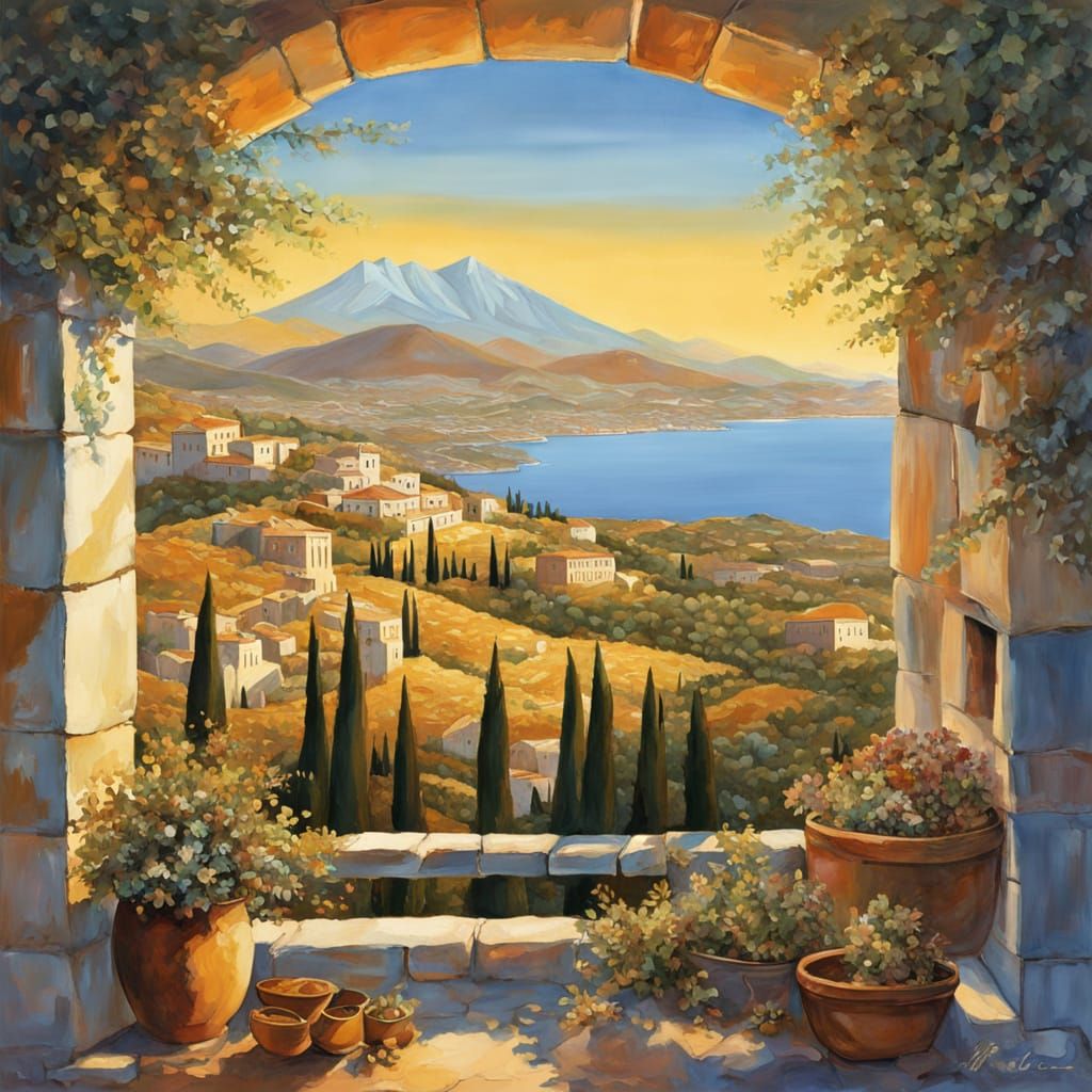 Golden Mediterranean Landscape Gouache Painting