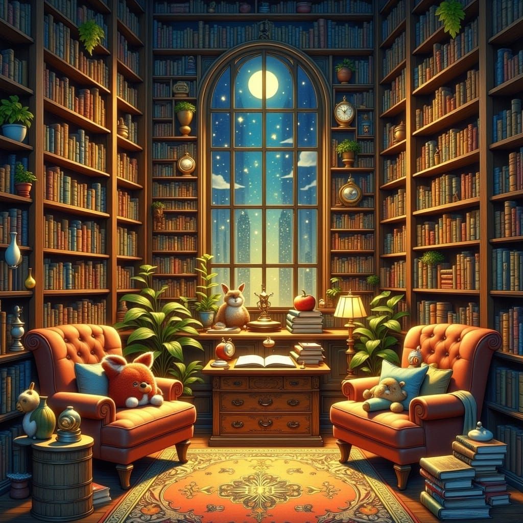 Whimsical Library After Dark: Children's Book Characters