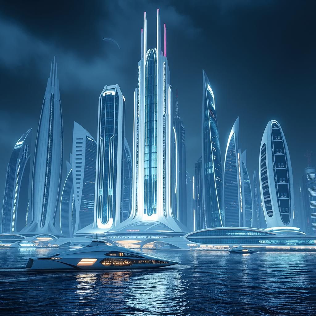 Futuristic Art Deco Cityscape at Night in 8K