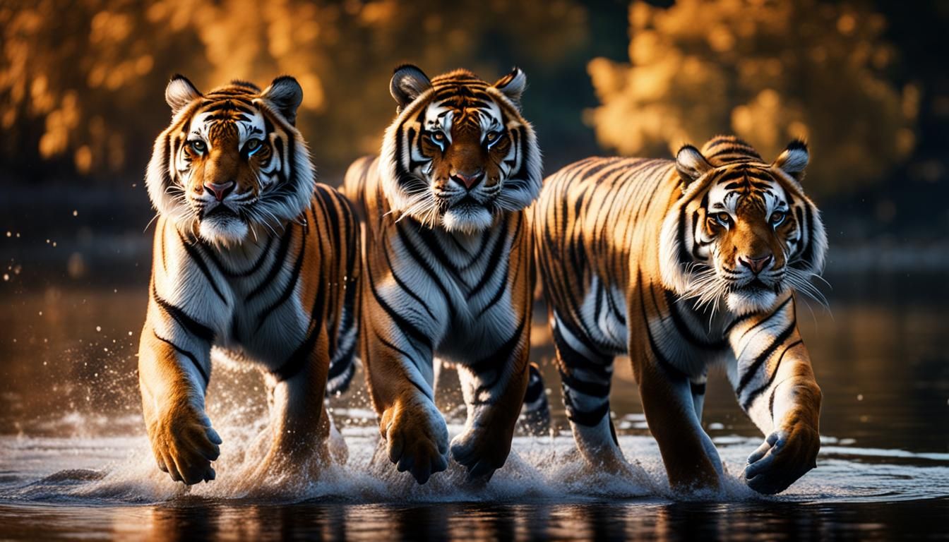 Tigers in Lake: Hyperrealistic Cinematic Photography