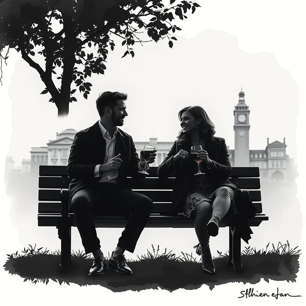 Surreal Silhouette Couple Amidst Vibrant Urban Landscape