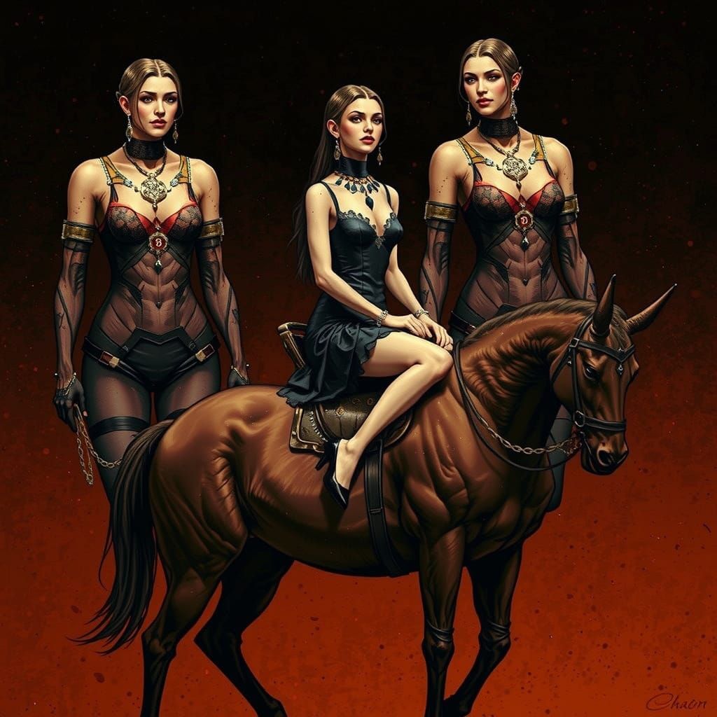 Decadent Heiress Surrounded by Loyal Clones in Biopunk Scene