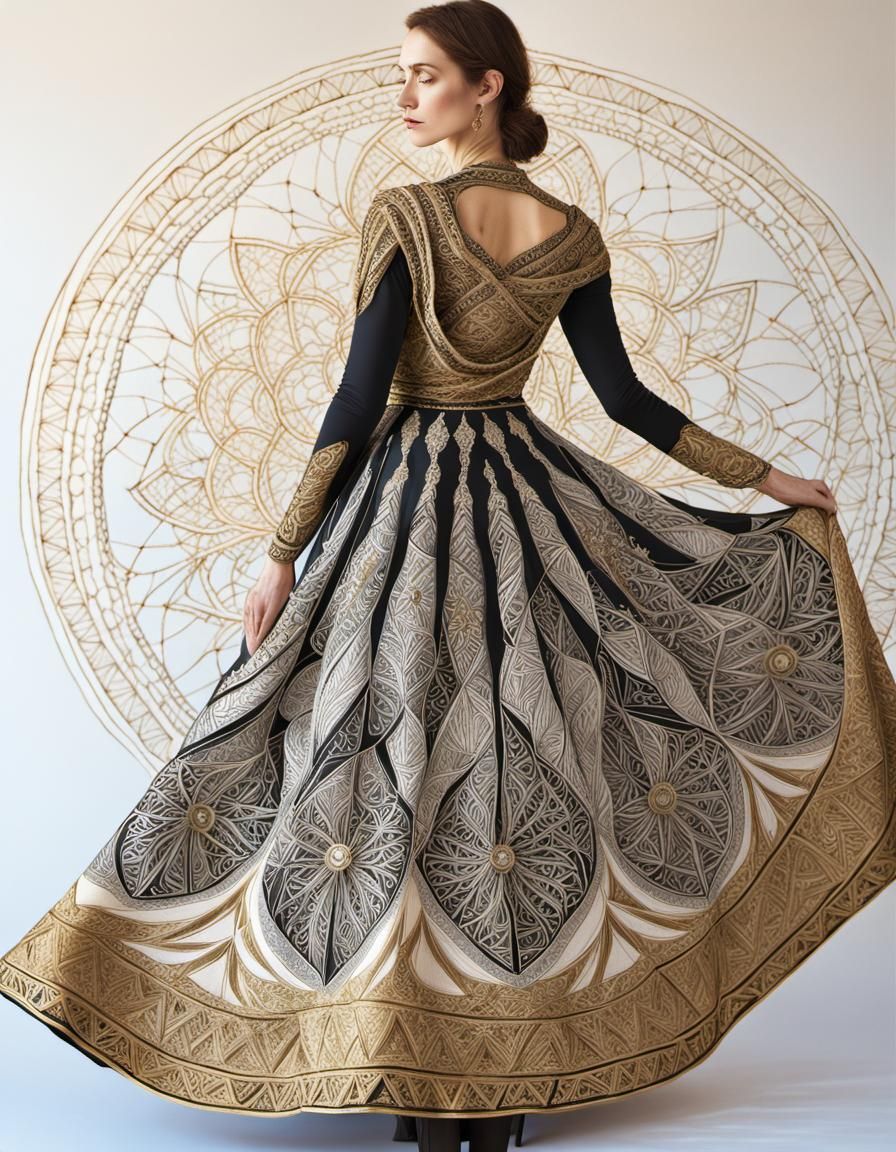 Girl Running in Forest with Gold Foil Fractal Art