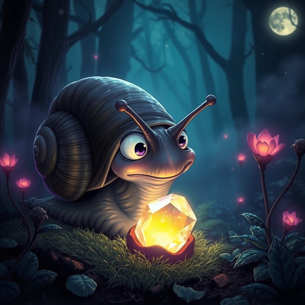Enchanted Snail Inspects Glowing Crystal: Fantasy Art