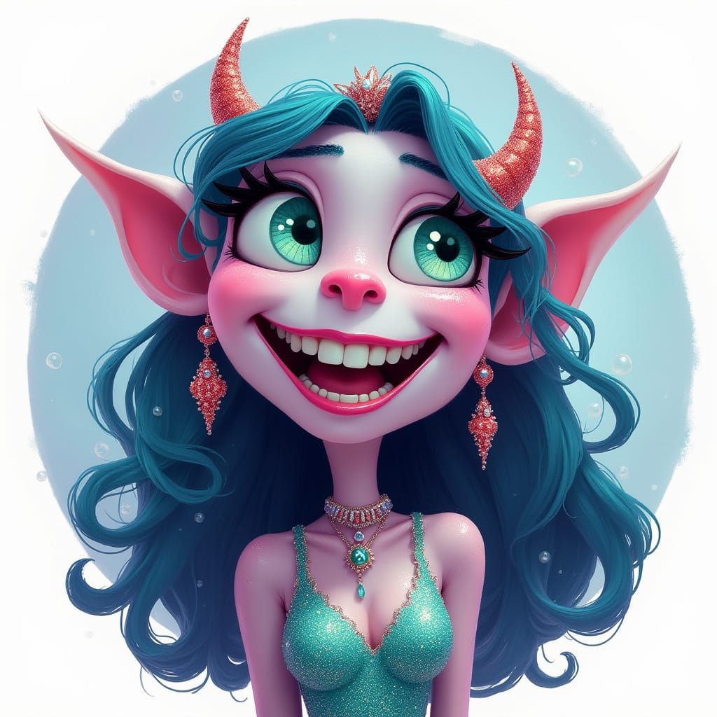 Whimsical Cartoon Monster Girl with Glowing Eyes and Glitter...