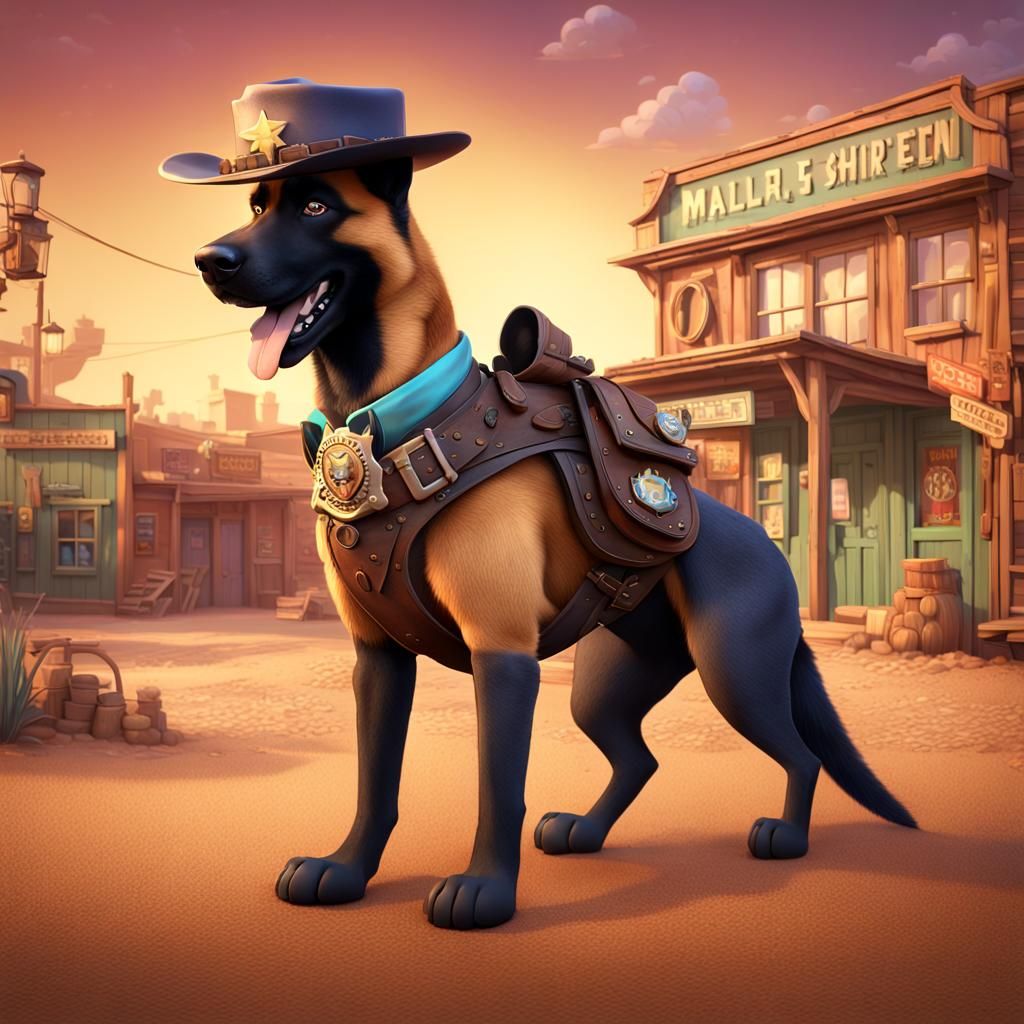Sheriff Dog in Western Town, as 3D Digital Art