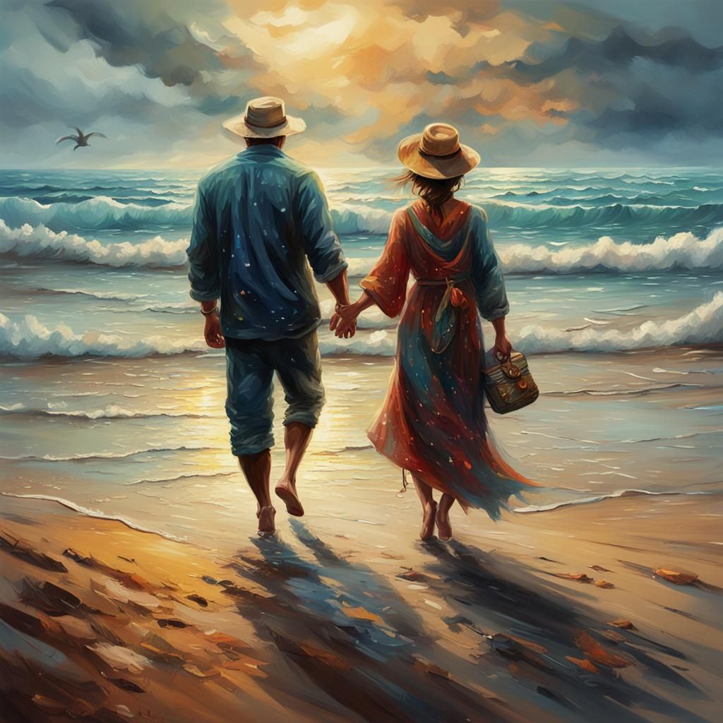 Romantic Beach Walk: Oil Painting in Hyperrealism