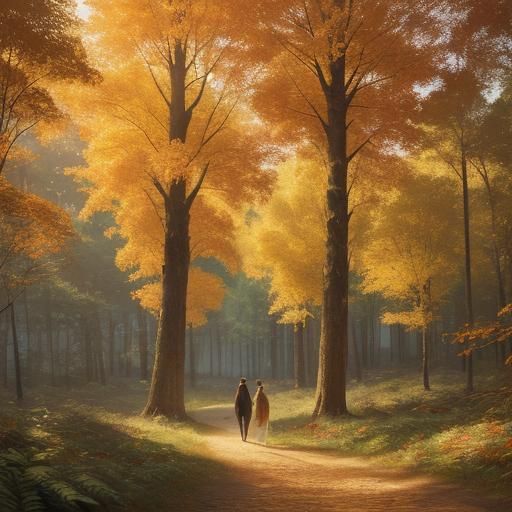 Emojis strolling through a picturesque autumn forest. The scene is filled with vibrant fall foliage in shades of red, or...