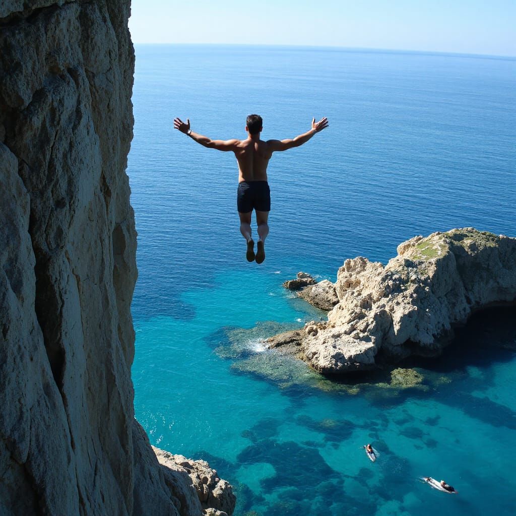 Diver's Leap: Cliffside Swan Dive into Turquoise Waters