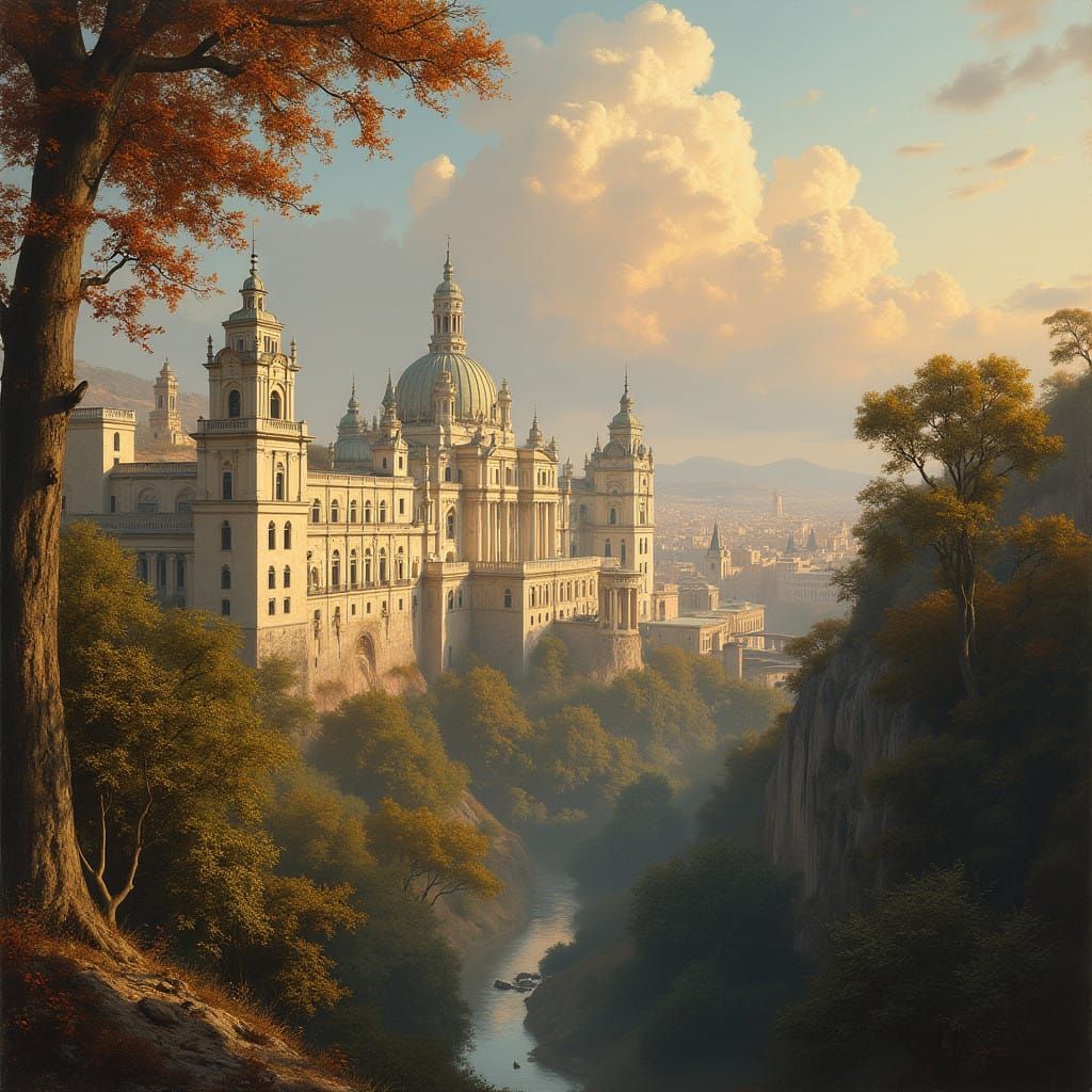 Ethereal Spanish Cityscape in Autumnal Hues, Inspired by Lit...